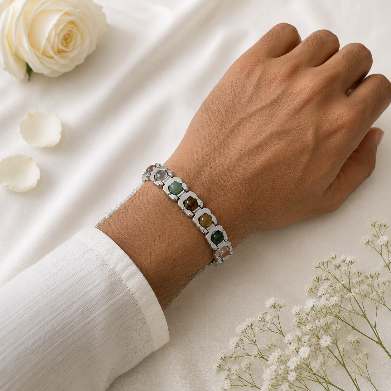Metal Dhan Yog Men Bracelet (Silver Plated) + Free Gangajal And Digital Naam Jap Counter