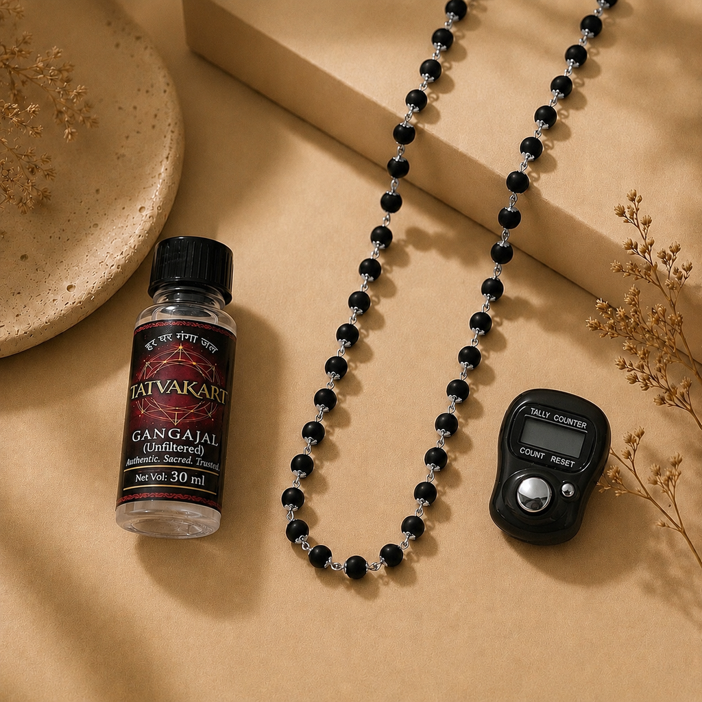 Silver Plated Karungali Mala (8mm) + Gangajal And Digital Naam Jap Counter