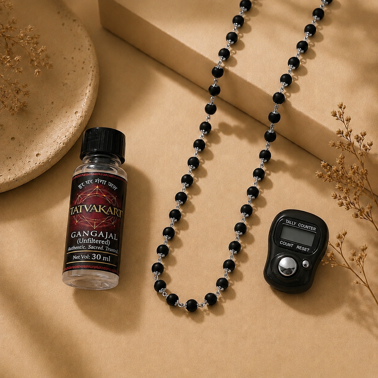 Silver Plated Karungali Mala (8mm) + Gangajal And Digital Naam Jap Counter