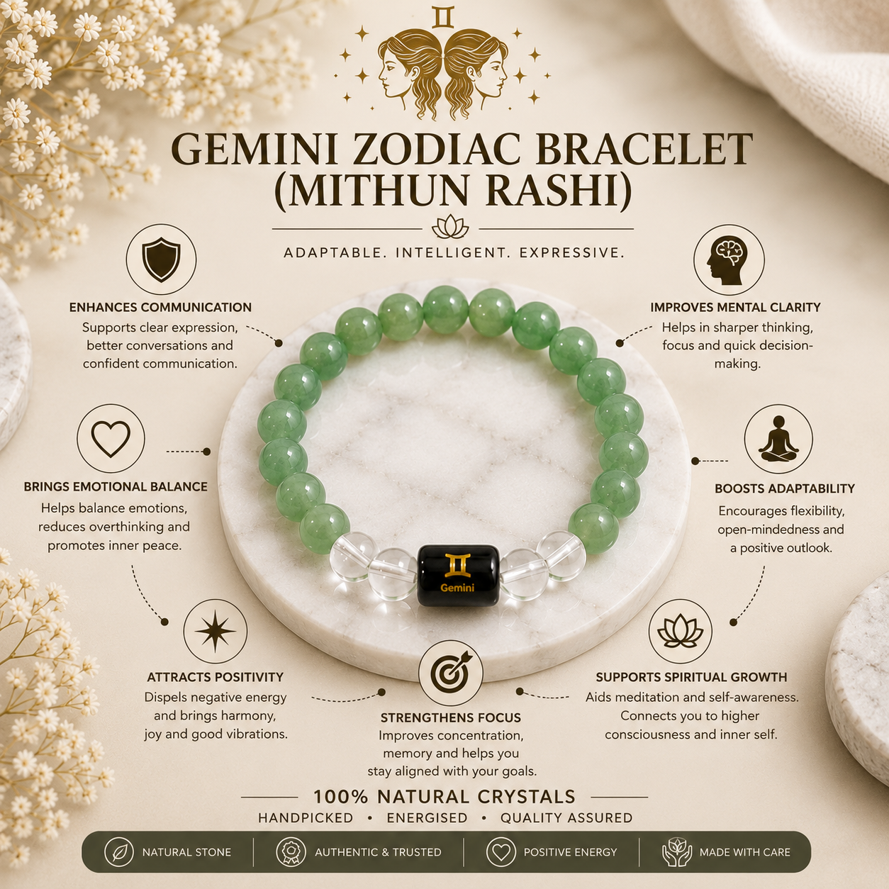Gemini Zodiac Bracelet (मिथुन राशि) | Natural Green Aventurine & Clear Quartz Crystal Bracelet
