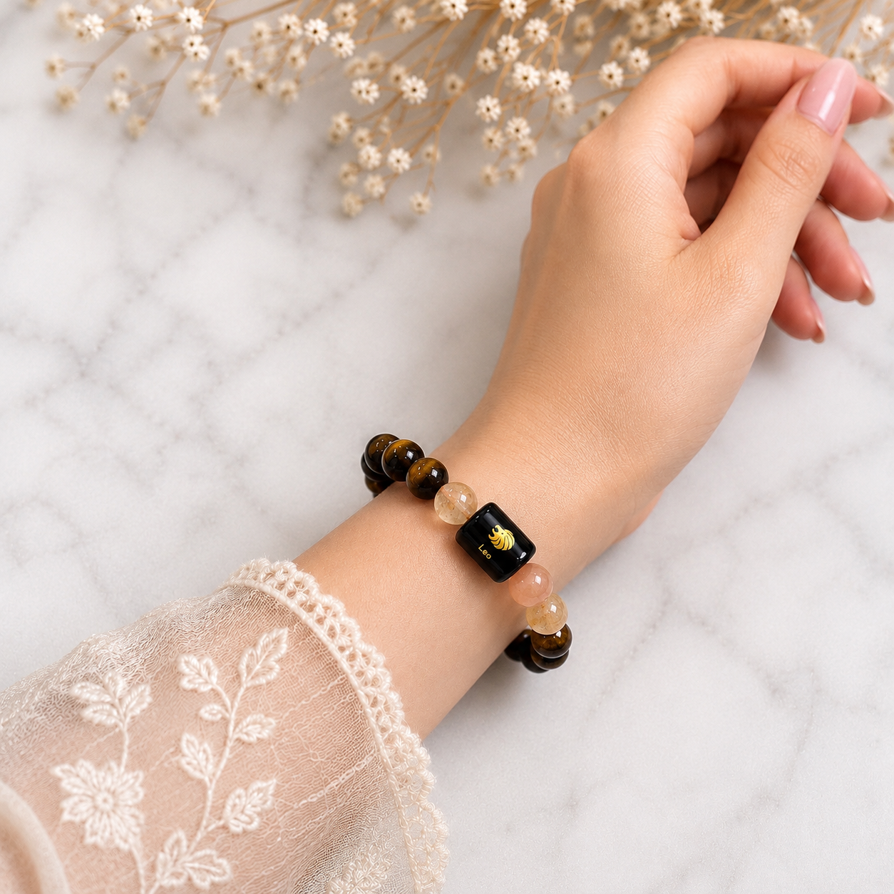 Leo Zodiac Bracelet (सिंह राशि) with Natural Selenite Plate | Tiger Eye, Citrine & Sunstone Bracelet