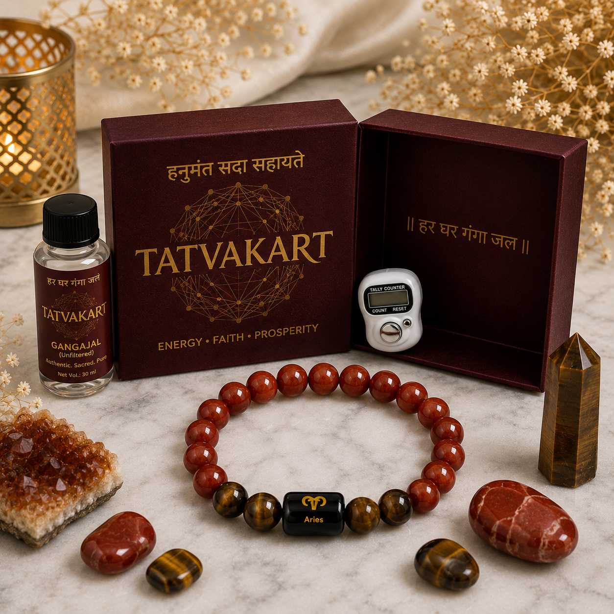 Aries Zodiac Bracelet (मेष राशि) | Natural Red Jasper & Tiger Eye Crystal Bracelet