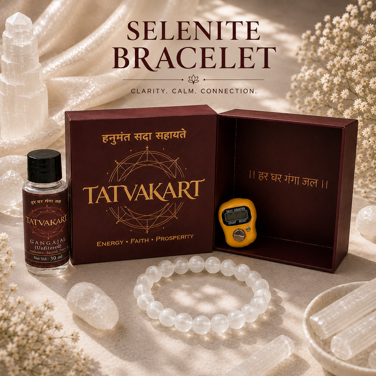 Selenite Bracelet + Free Gangajal And Digital Naam Jap Counter