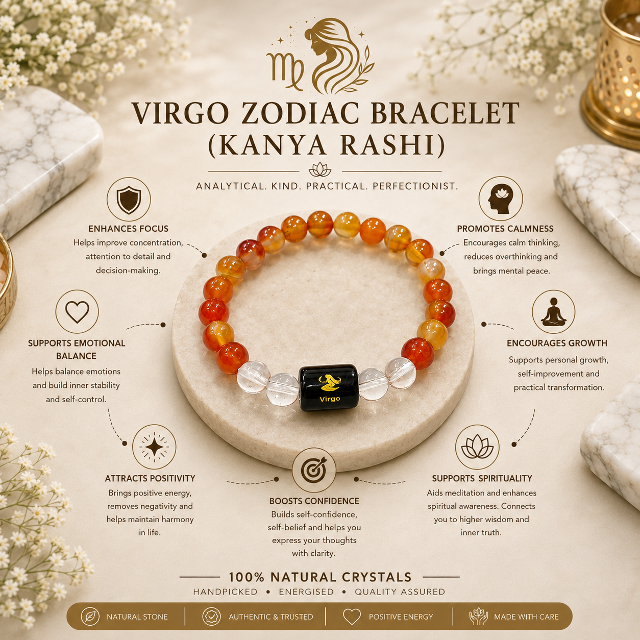 Virgo Zodiac Bracelet (कन्या राशि) | Natural Carnelian & Clear Quartz Crystal Bracelet