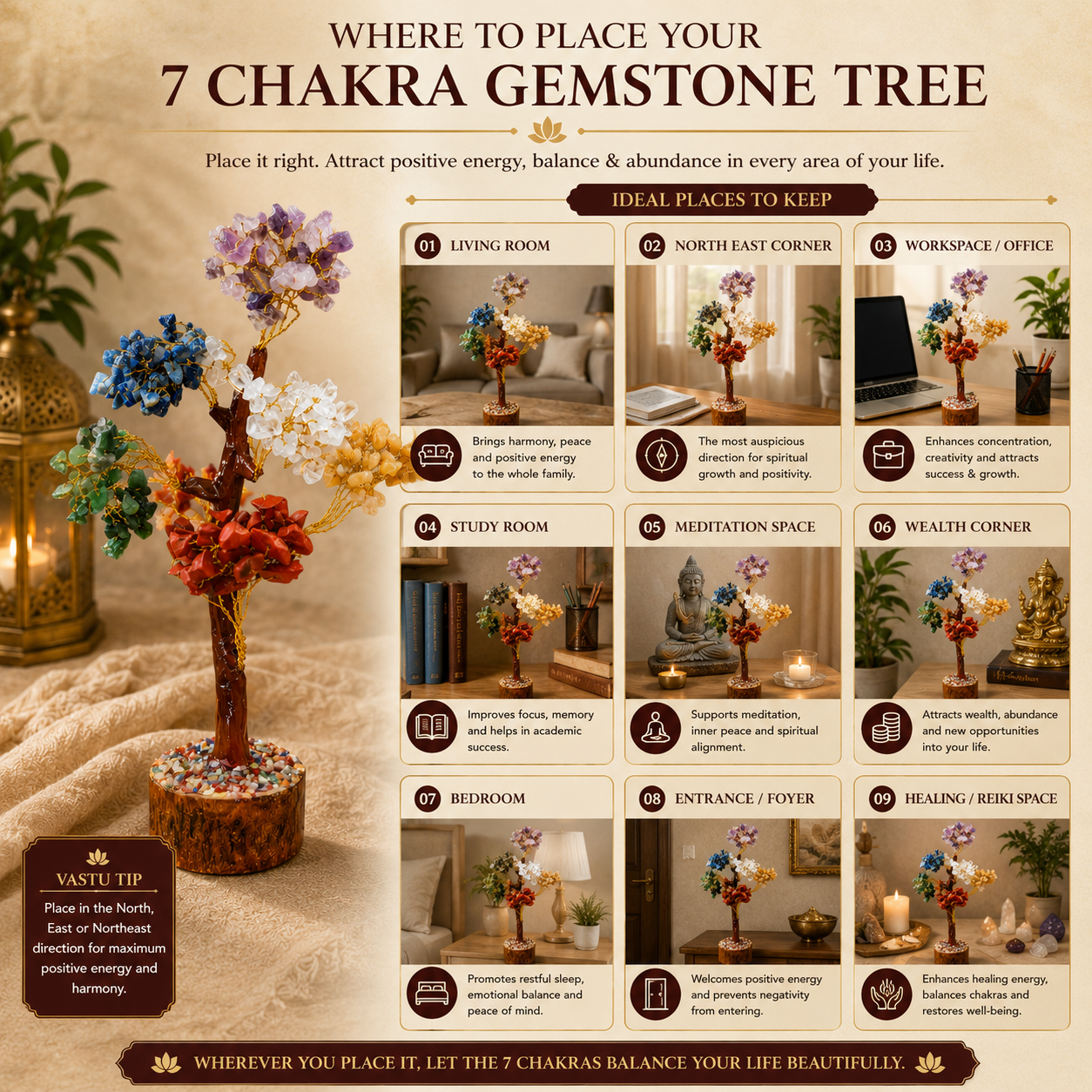 Natural 7 Chakra Crystal Tree for Balance, Harmony & Positive Energy | Premium Gemstone Bonsai