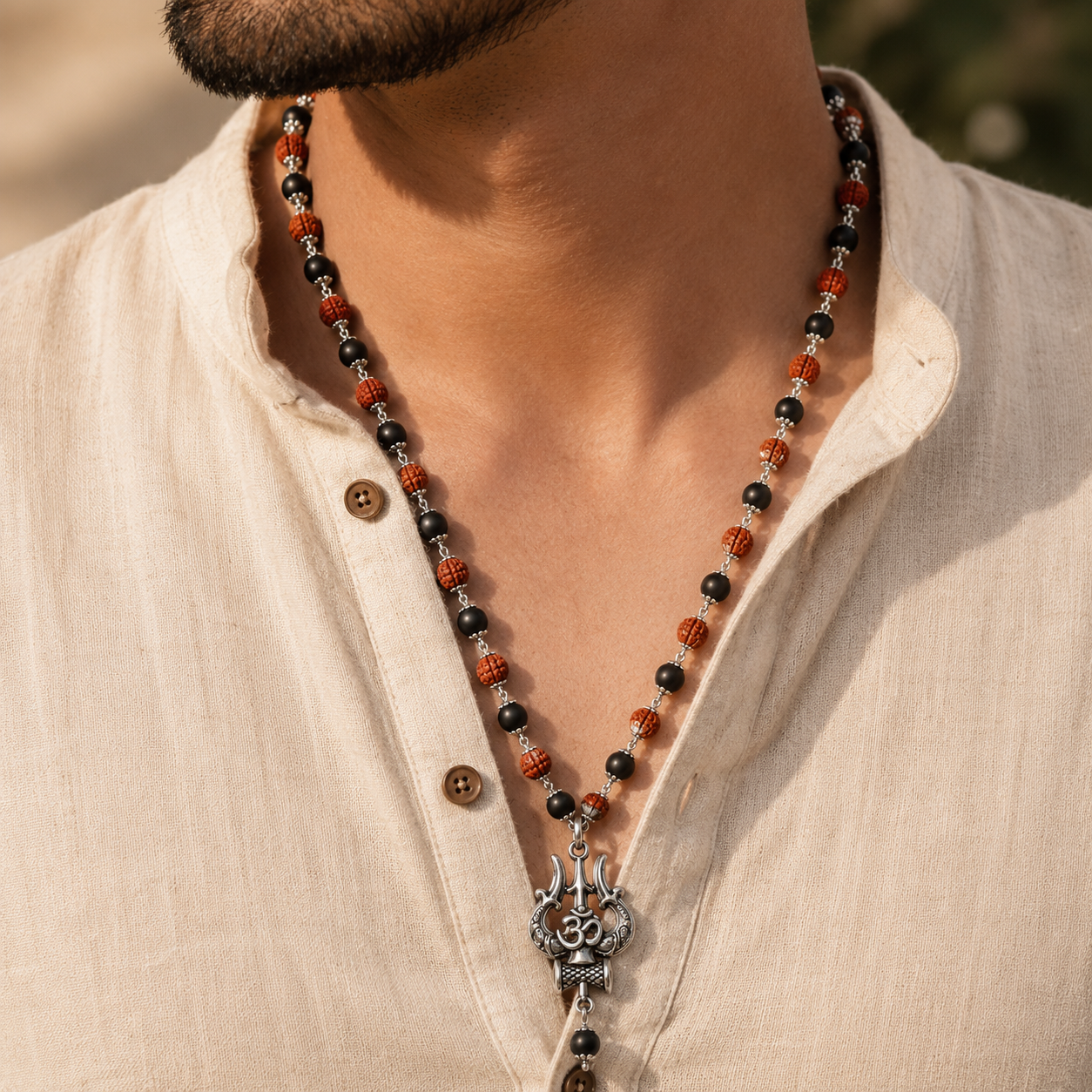 Silver Plated Karungali Rudraksha Mala with Trishul Om Pendant | Natural Ebony Wood | Tatvakart