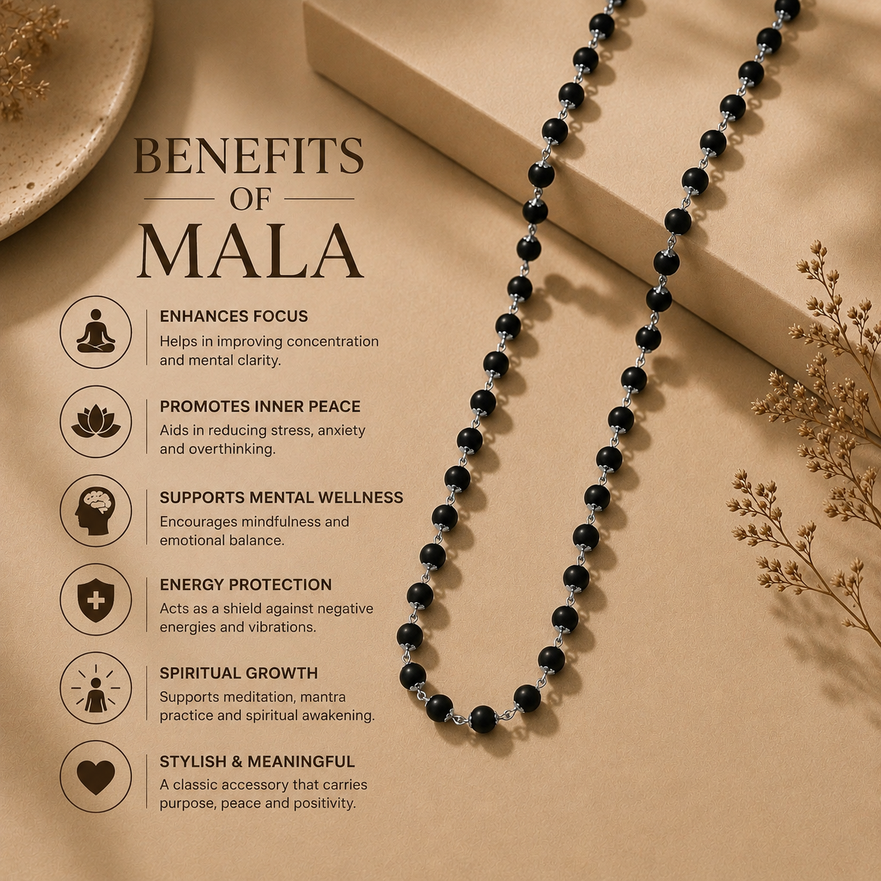 Silver Plated Karungali Mala (8mm) + Gangajal And Digital Naam Jap Counter