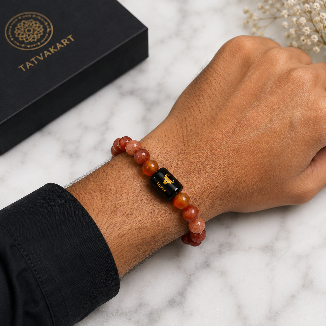 Taurus Zodiac Bracelet (वृषभ राशि) with Natural Selenite Plate | Carnelian & Sunstone Bracelet