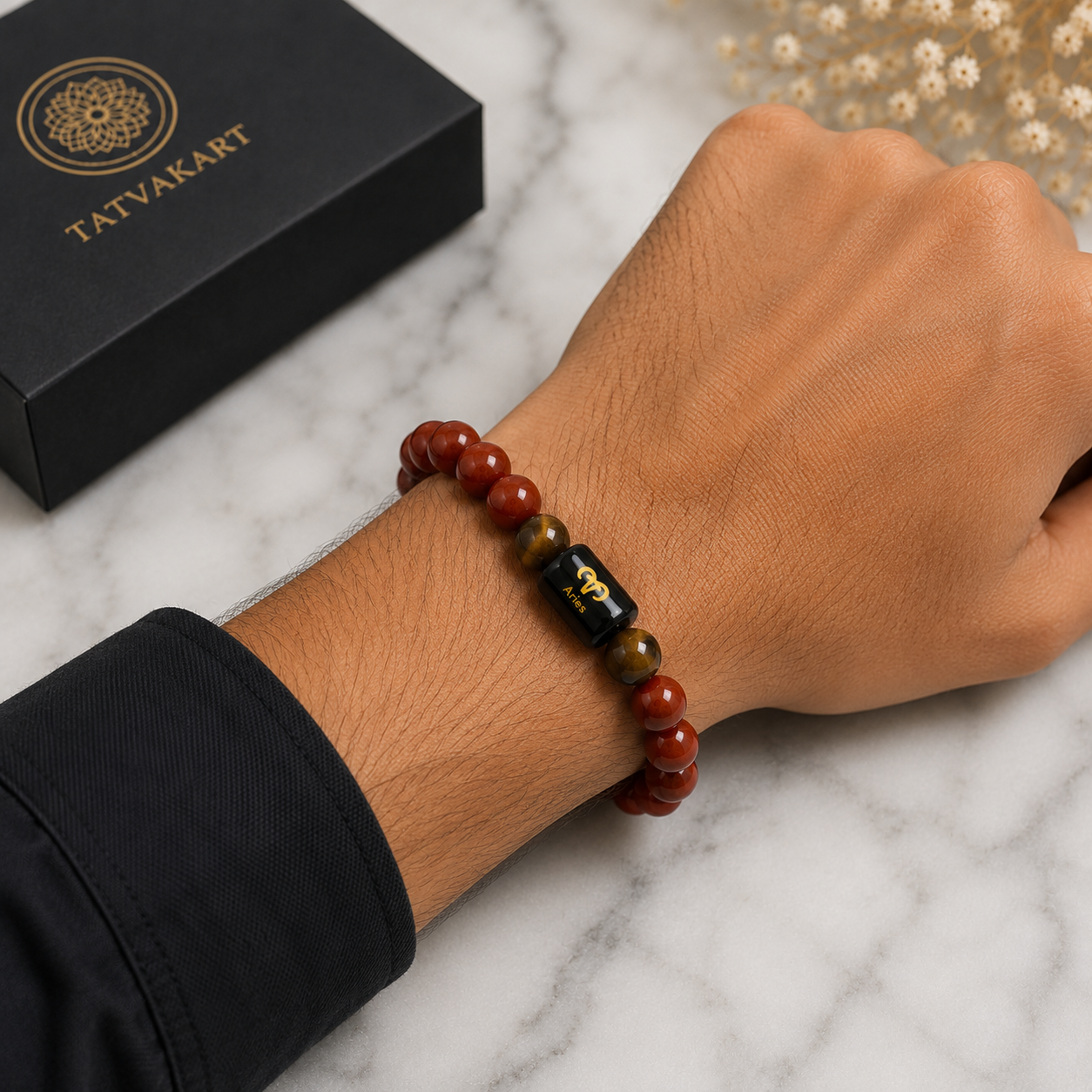 Aries Zodiac Bracelet (मेष राशि) | Natural Red Jasper & Tiger Eye Crystal Bracelet