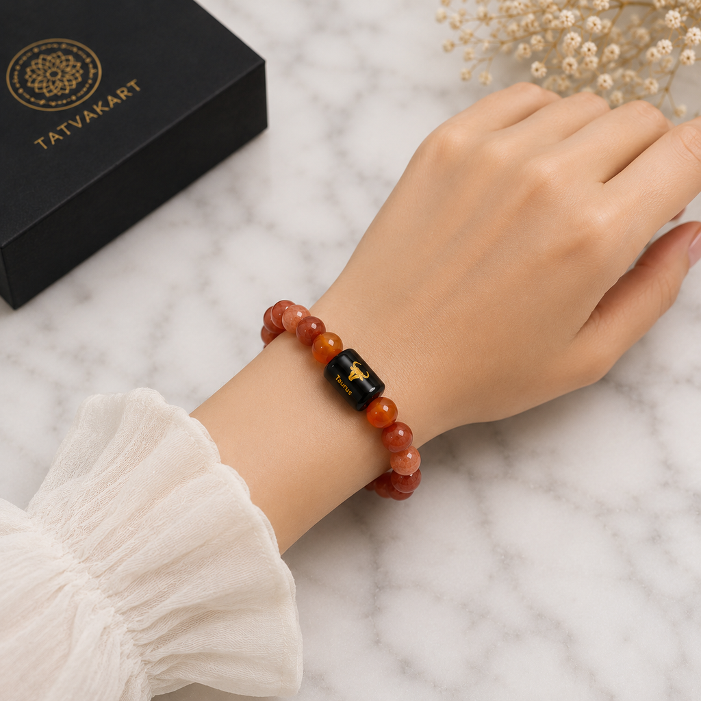 Taurus Zodiac Bracelet (वृषभ राशि) | Natural Carnelian & Sunstone Crystal Bracelet
