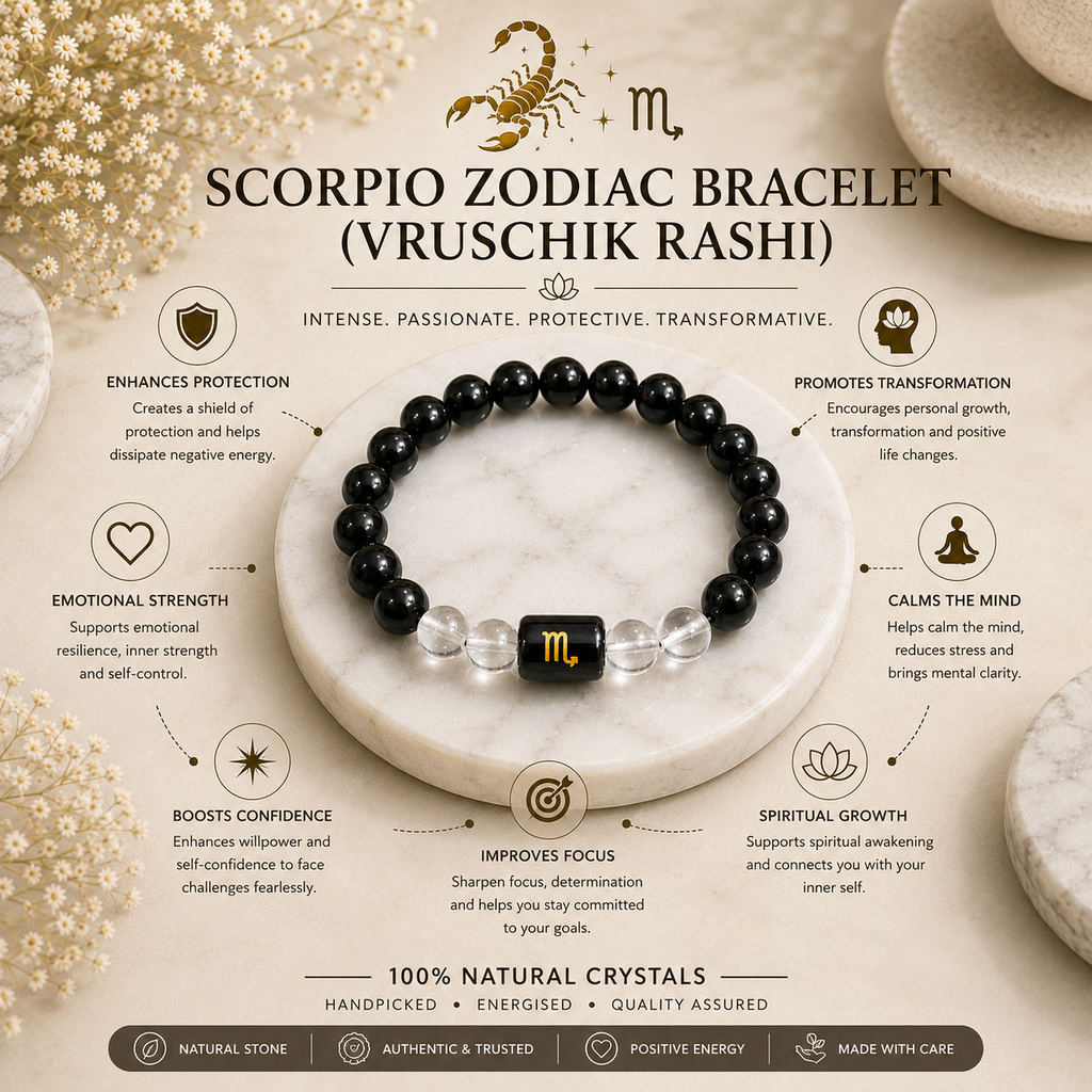 Scorpio Zodiac Bracelet (वृश्चिक राशि) | Natural Black Obsidian & Clear Quartz Crystal Bracelet