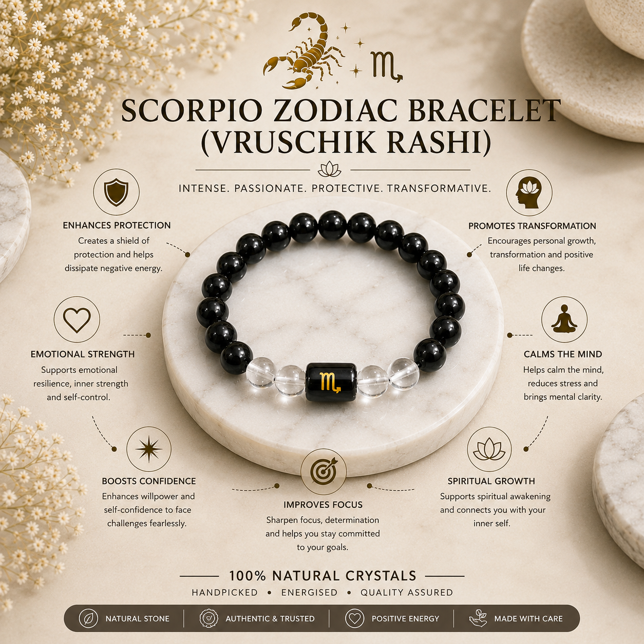 Scorpio Zodiac Bracelet (वृश्चिक राशि) | Natural Black Obsidian & Clear Quartz Crystal Bracelet