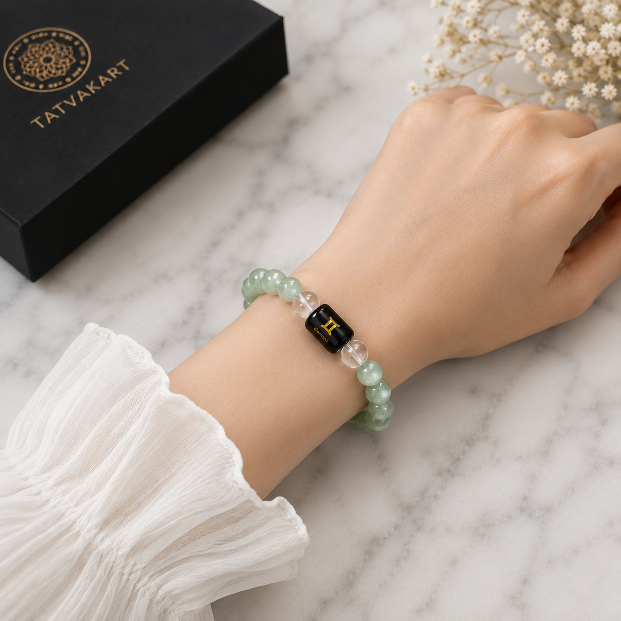 Gemini Zodiac Bracelet (मिथुन राशि) with Natural Selenite Plate | Green Aventurine & Clear Quartz Bracelet