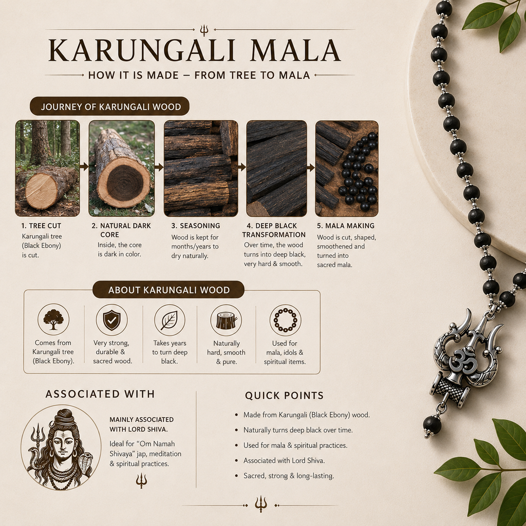 Silver Plated Karungali Mala 8mm with Trishool Pendant + Gangajal And Digital Naam Jap Counter