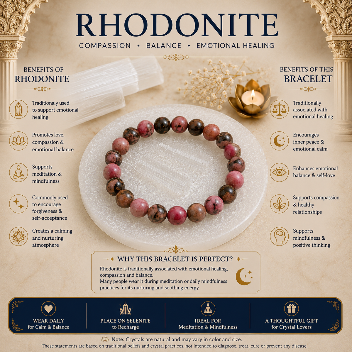 Rhodonite Bracelet with Selenite Charging Plate | Tatvakart