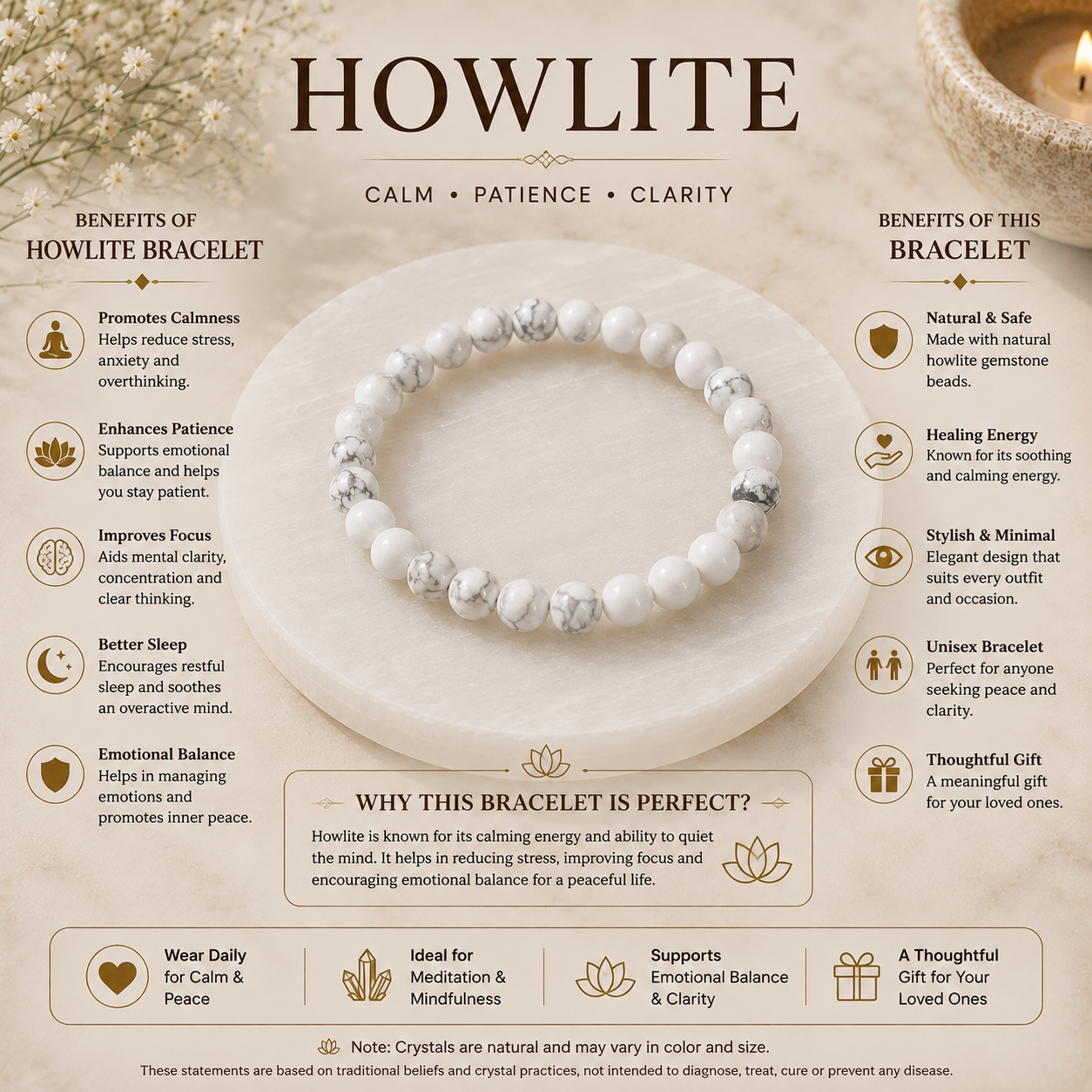 Howlite Bracelet with Natural Selenite Plate