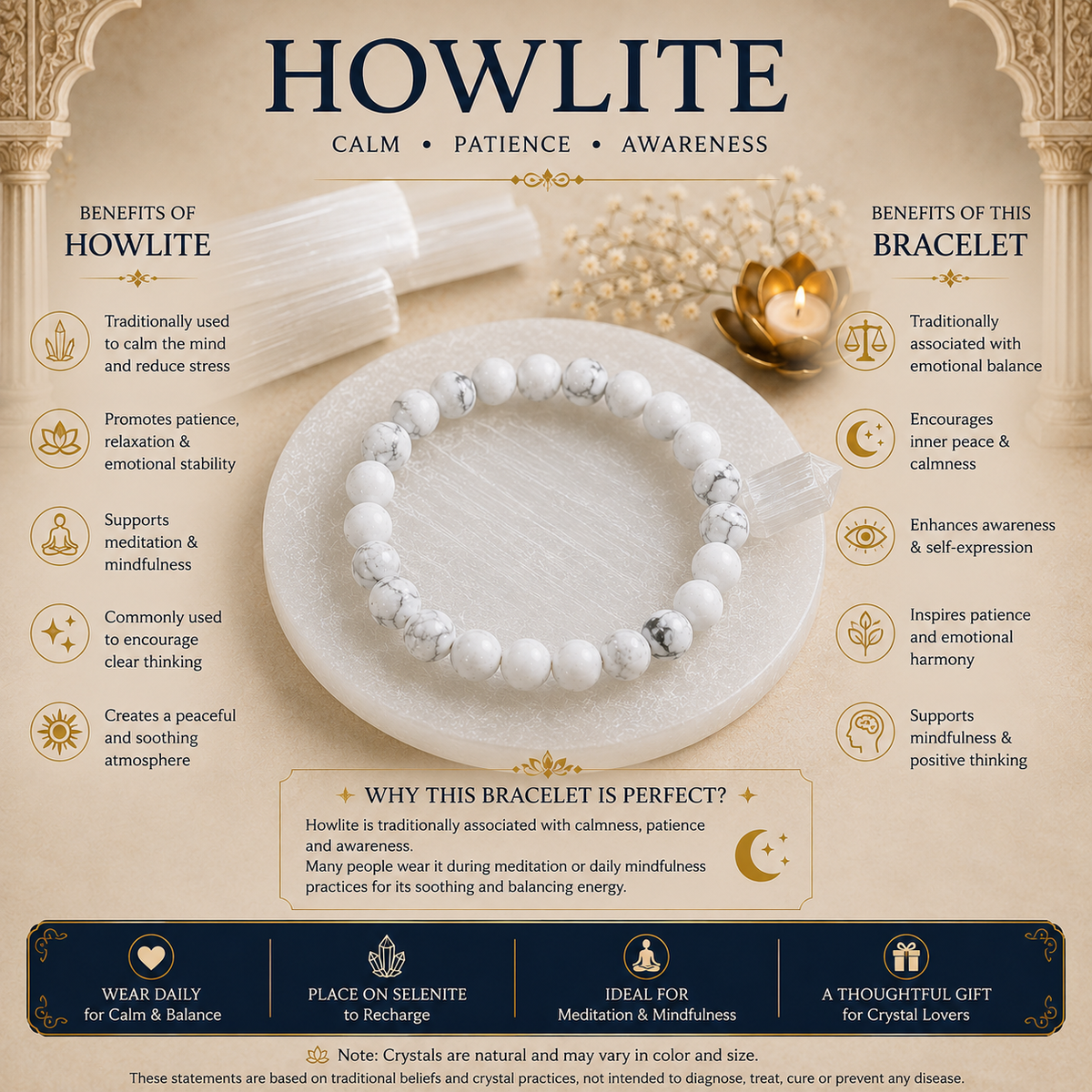 Howlite Bracelet with Selenite Charging Plate | Tatvakart