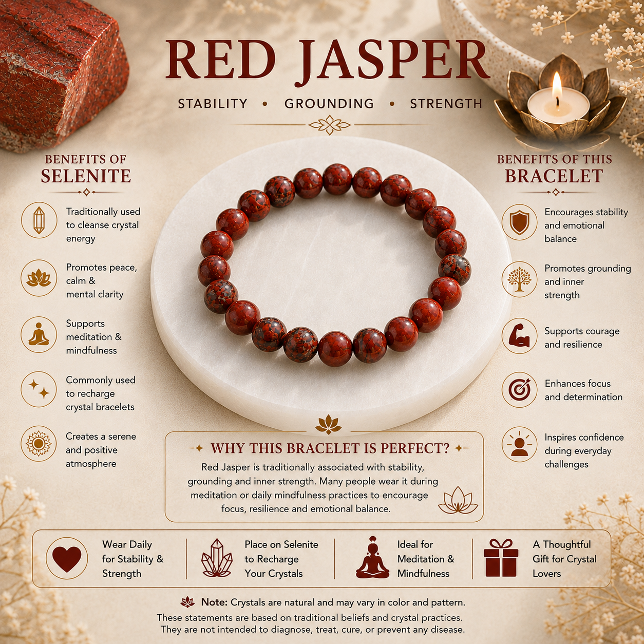 Red Jasper Bracelet with Natural Selenite Plate