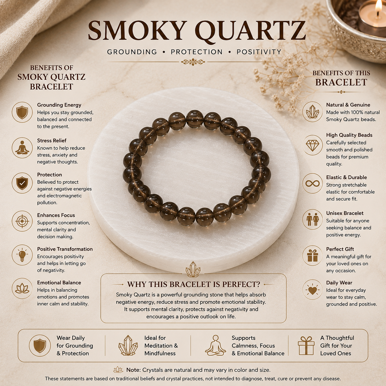 Smoky Quartz Bracelet with Natural Selenite Plate