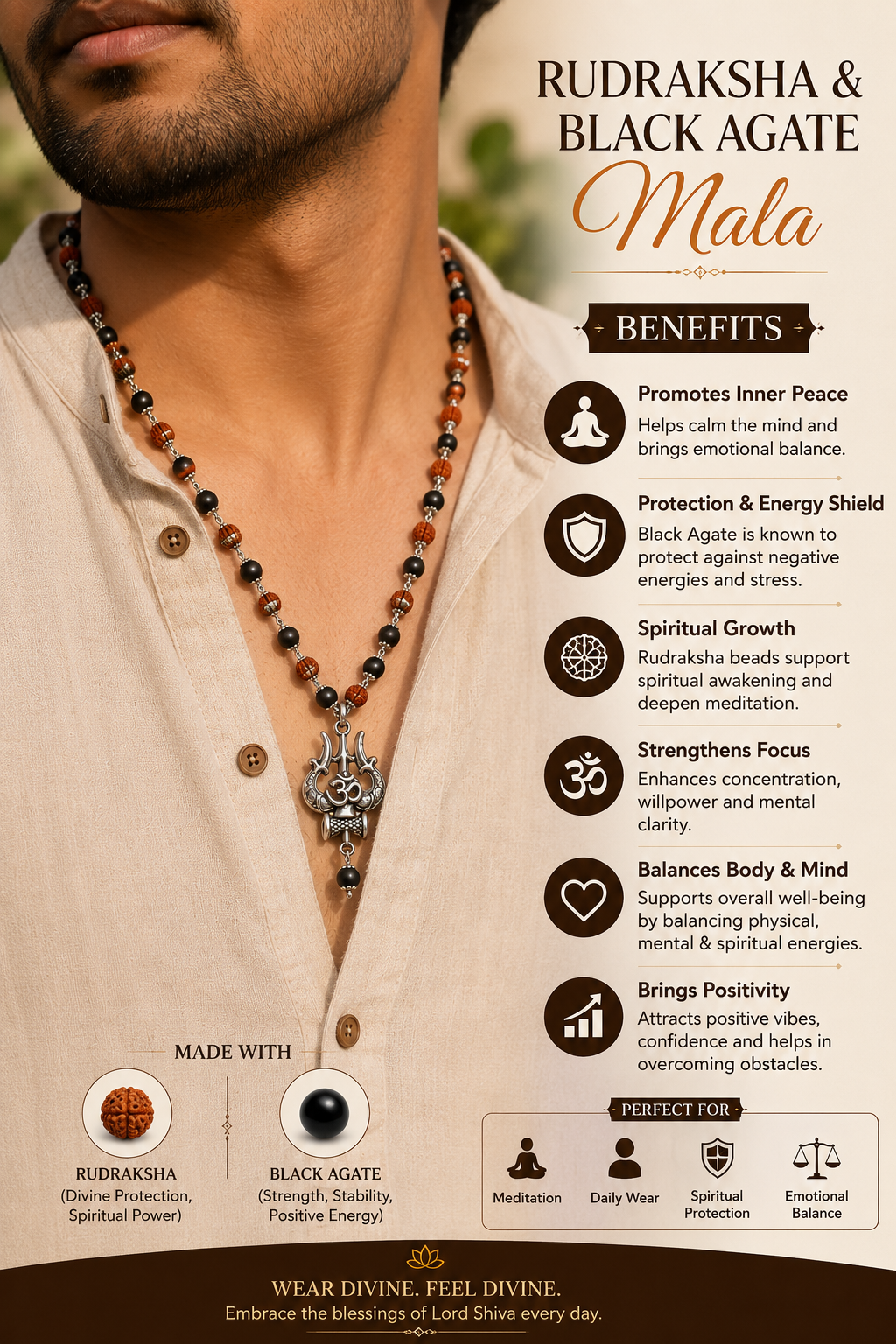 Silver Plated Karungali Rudraksha Mala with Trishul Om Pendant | Natural Ebony Wood | Tatvakart