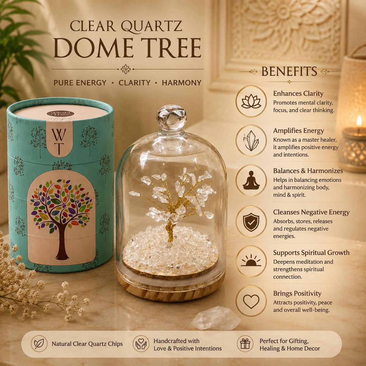 Clear Quartz Dome Tree – Premium Glass Dome Healing Bonsai for Home & Office Decor