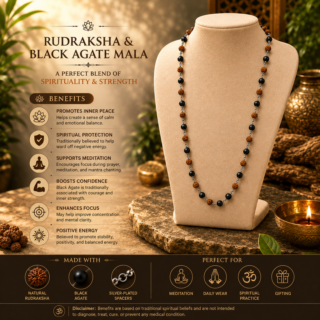 Silver Plated Karungali Rudraksha Mala | Natural Ebony Wood | Tatvakart