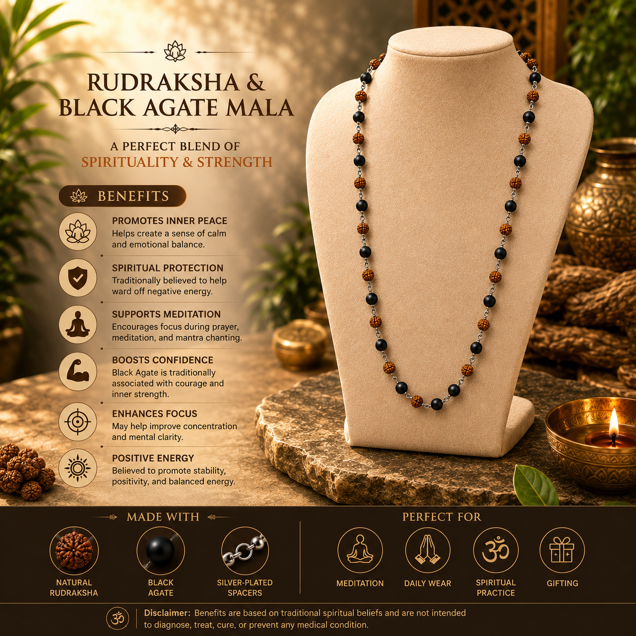 Silver Plated Karungali Rudraksha Mala| Natural Ebony Wood | Tatvakart