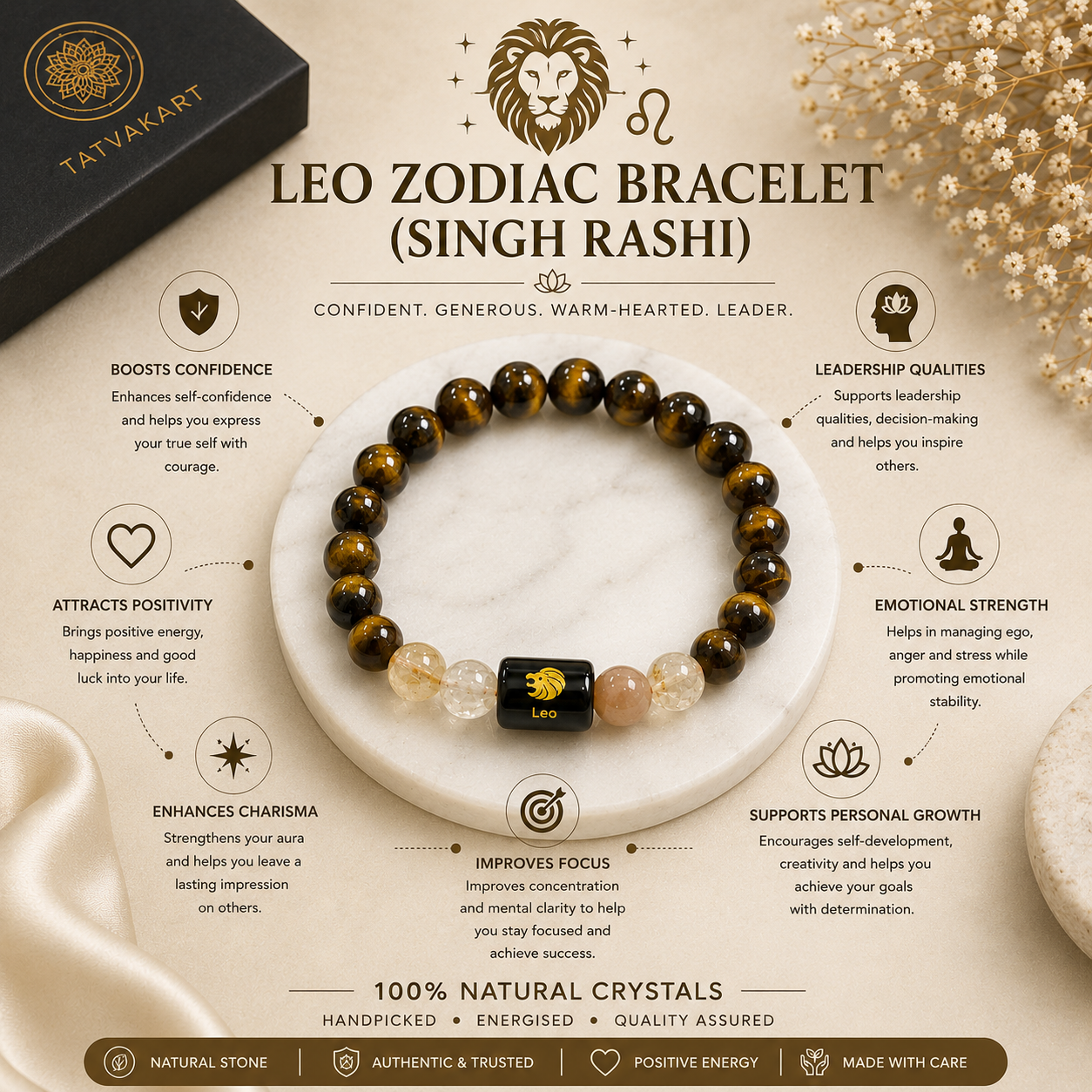 Leo Zodiac Bracelet (सिंह राशि) | Natural Tiger Eye & Citrine Crystal Bracelet