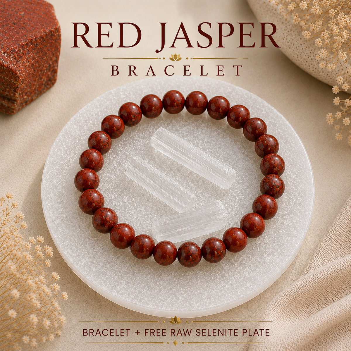 Red Jasper Bracelet with Natural Selenite Plate