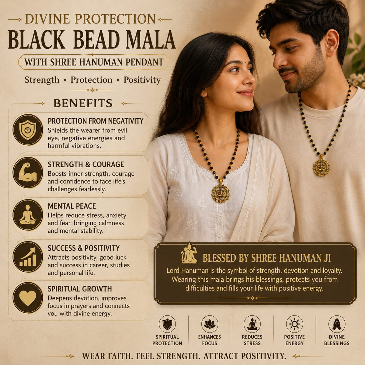 Black Bead Karungali Mala with Shree Hanuman Pendant | Natural Ebony Wood | Divine Protection | Tatvakart
