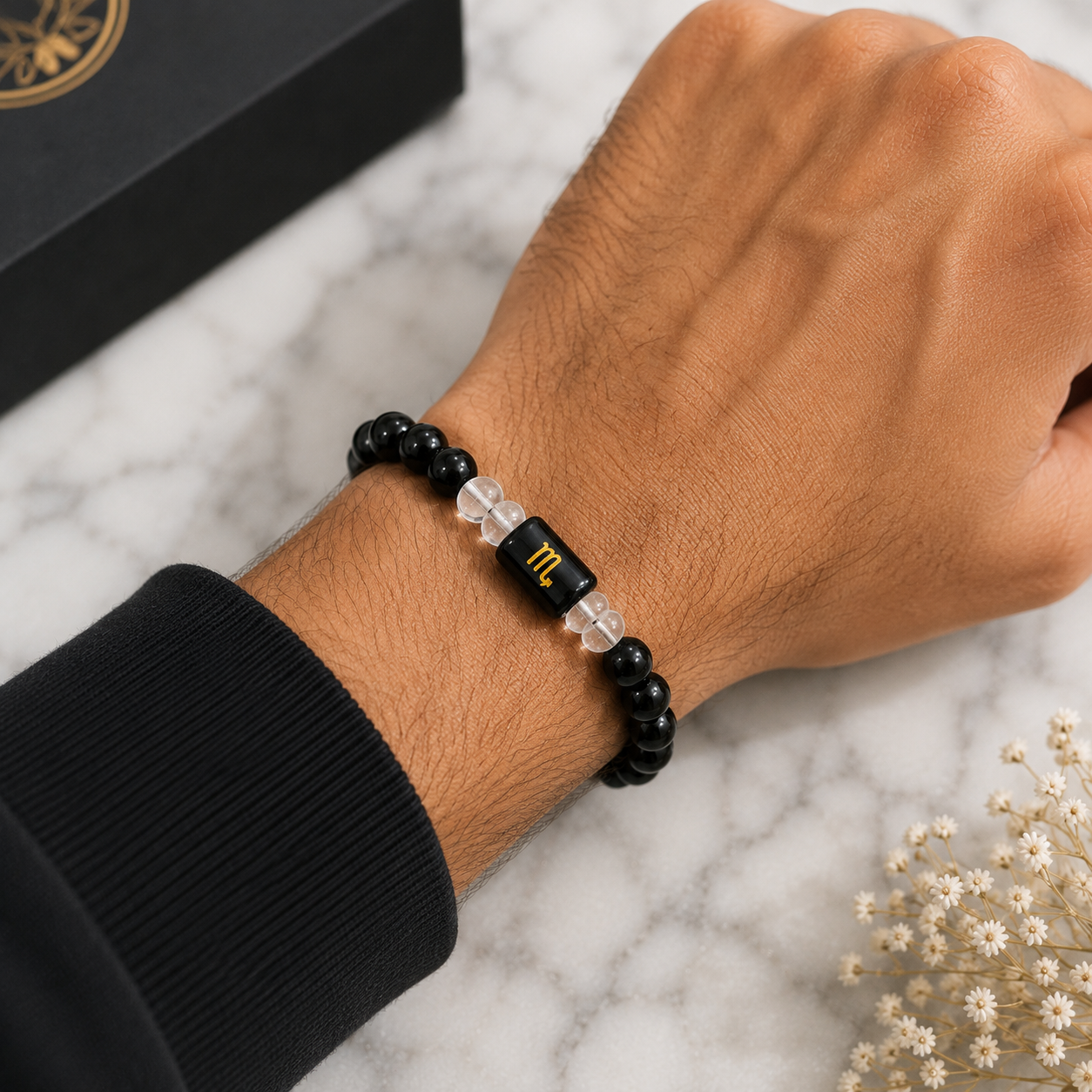 Scorpio Zodiac Bracelet (वृश्चिक राशि) | Natural Black Obsidian & Clear Quartz Crystal Bracelet