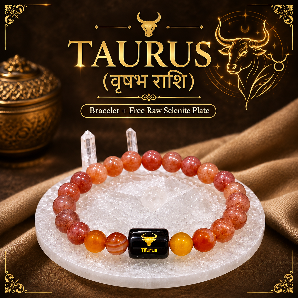 Taurus Zodiac Bracelet (वृषभ राशि) with Natural Selenite Plate | Carnelian & Sunstone Bracelet