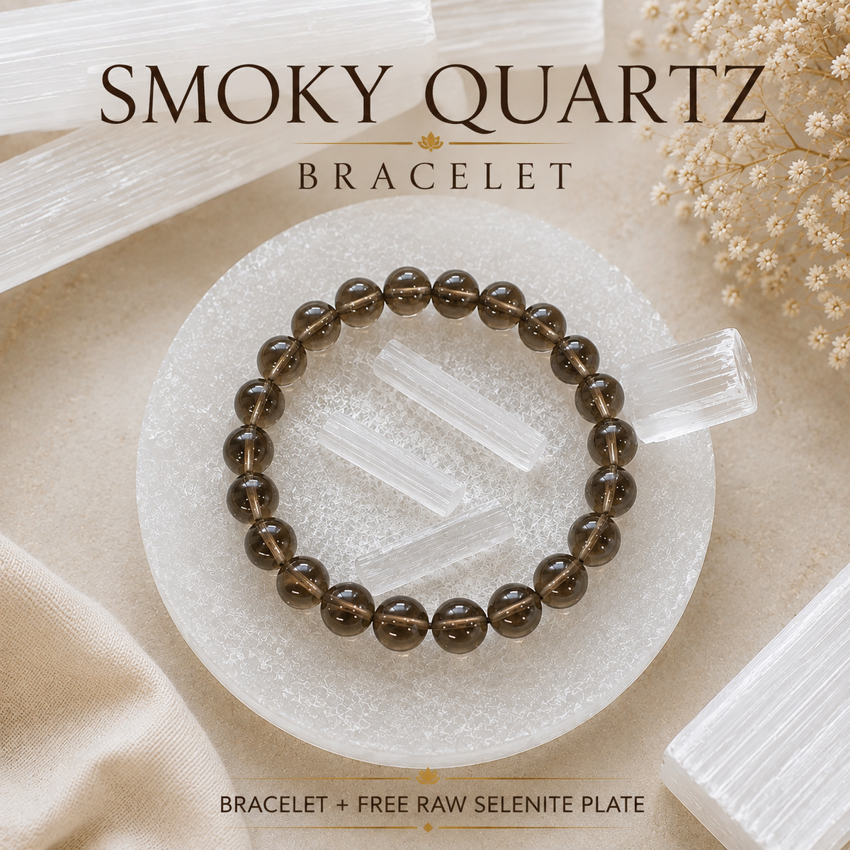 Smoky Quartz Bracelet with Natural Selenite Plate