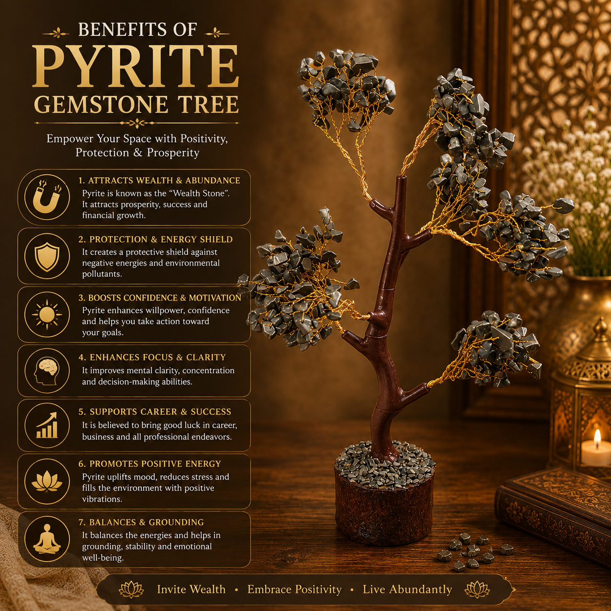 Natural Pyrite Crystal Tree for Prosperity, Protection & Positive Energy | Premium Gemstone Bonsai Décor