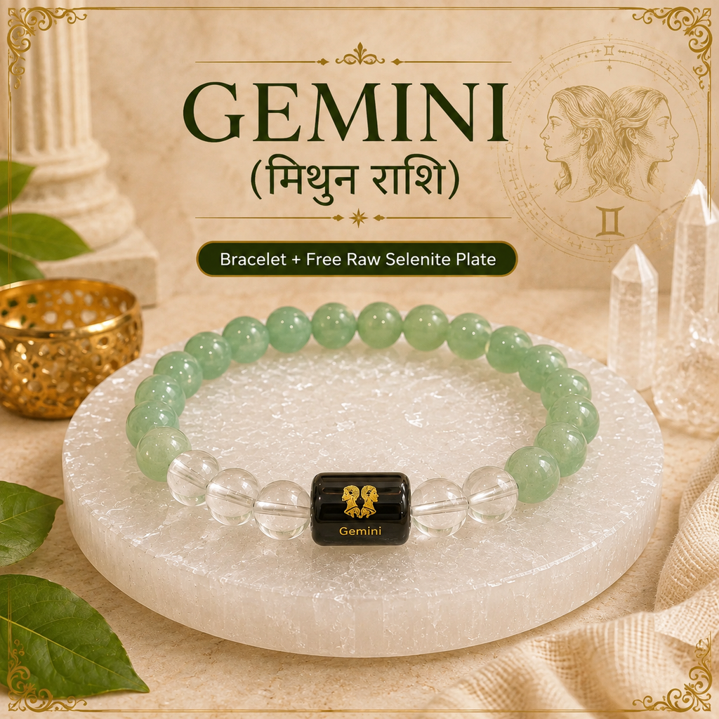 Gemini Zodiac Bracelet (मिथुन राशि) with Natural Selenite Plate | Green Aventurine & Clear Quartz Bracelet