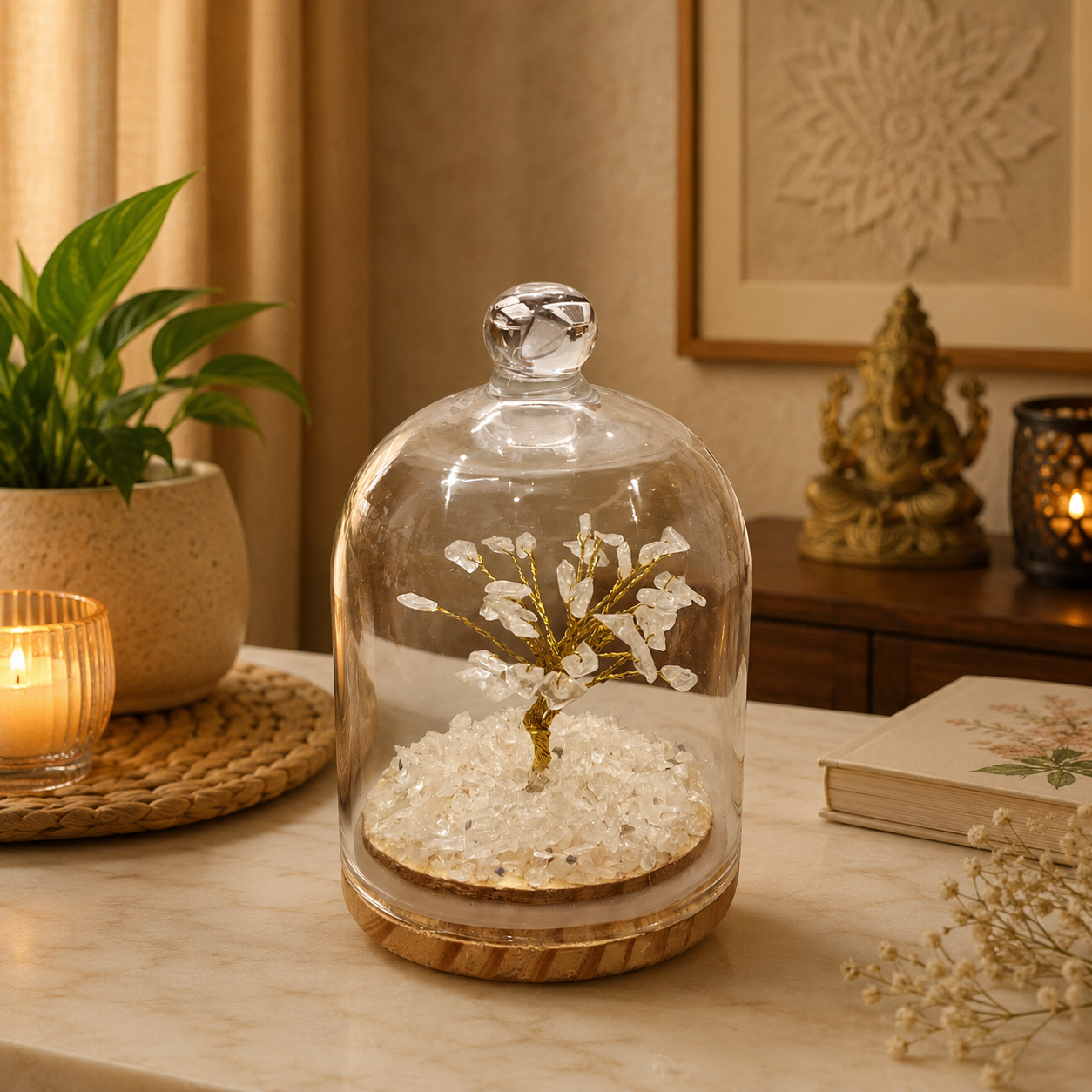 Clear Quartz Dome Tree – Premium Glass Dome Healing Bonsai for Home & Office Decor