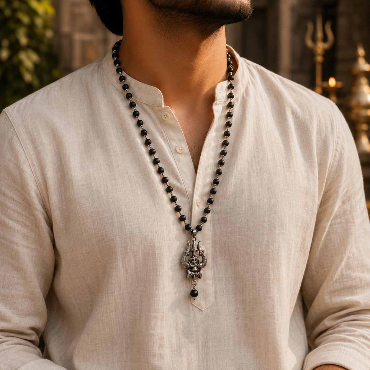 Silver Plated Karungali Mala 8mm with Trishool Pendant + Gangajal And Digital Naam Jap Counter