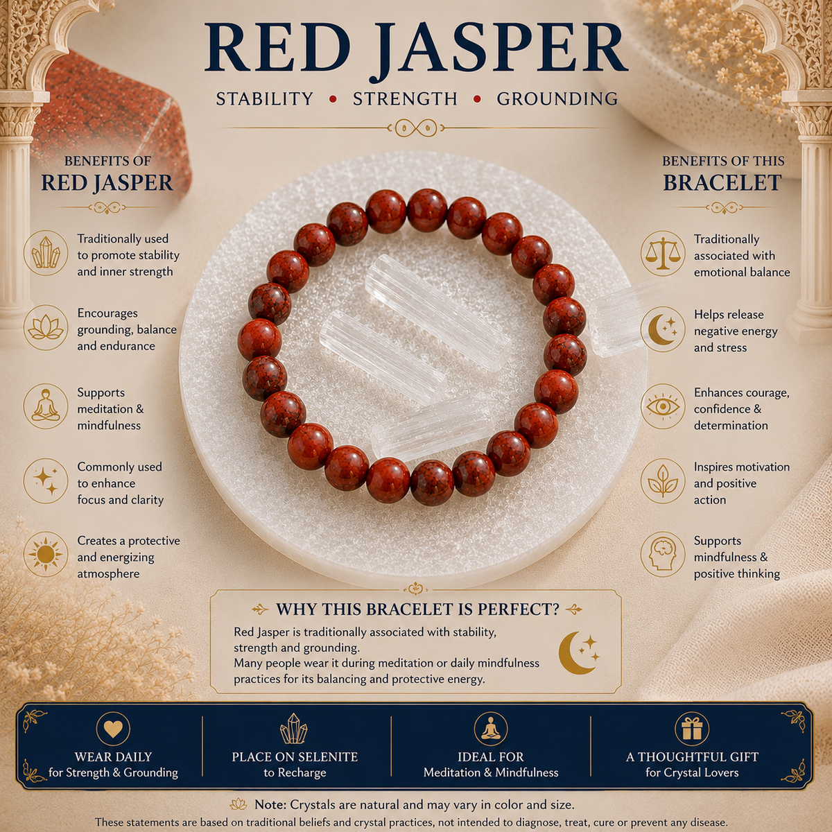 Red Jasper Bracelet with Natural Selenite Plate