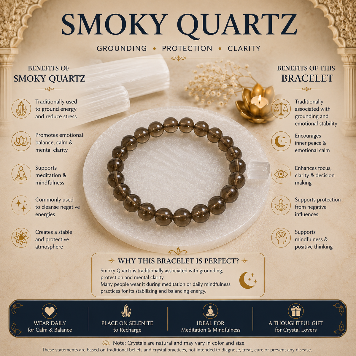Smoky Quartz Bracelet with Natural Selenite Plate