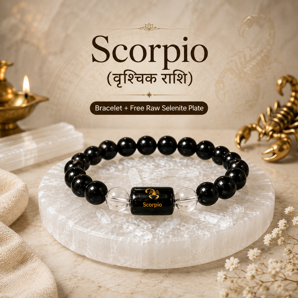 Scorpio Zodiac Bracelet (वृश्चिक राशि) with Natural Selenite Plate | Black Obsidian & Clear Quartz Bracelet