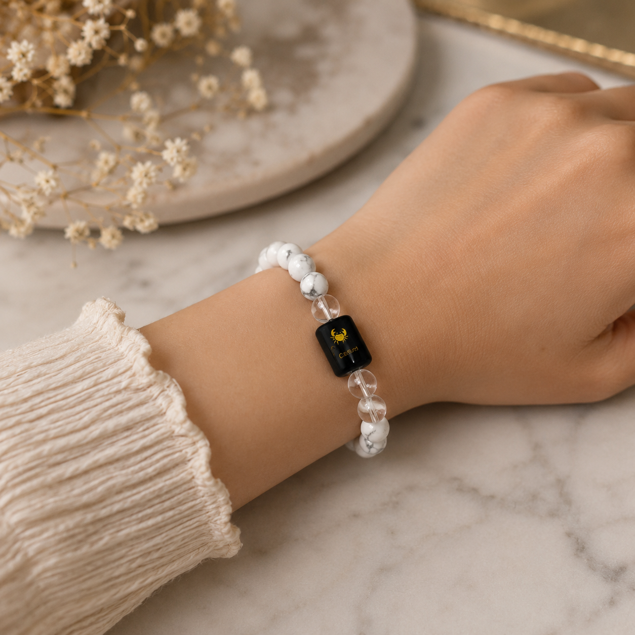 Cancer Zodiac Bracelet (कर्क राशि) | Natural Howlite & Clear Quartz Crystal Bracelet