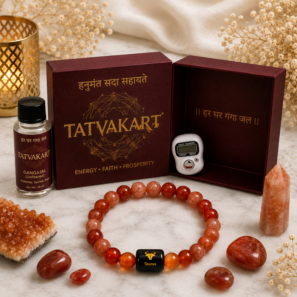 Taurus Zodiac Bracelet (वृषभ राशि) with Natural Selenite Plate | Carnelian & Sunstone Bracelet