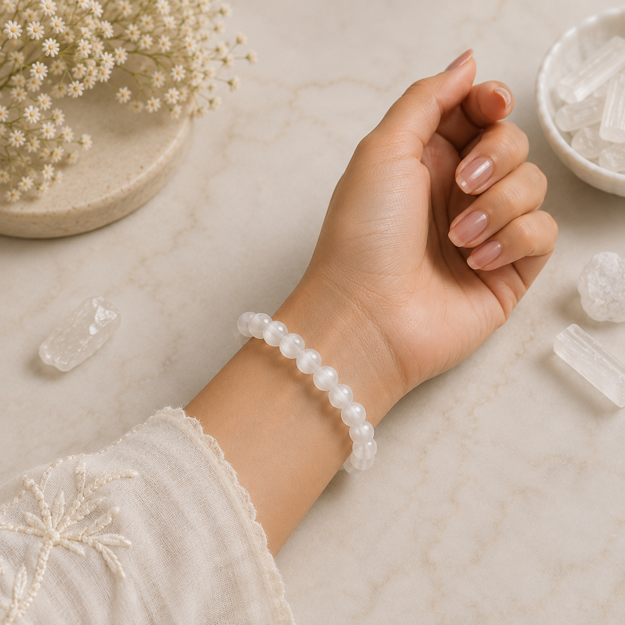 Selenite Bracelet + Free Gangajal And Digital Naam Jap Counter