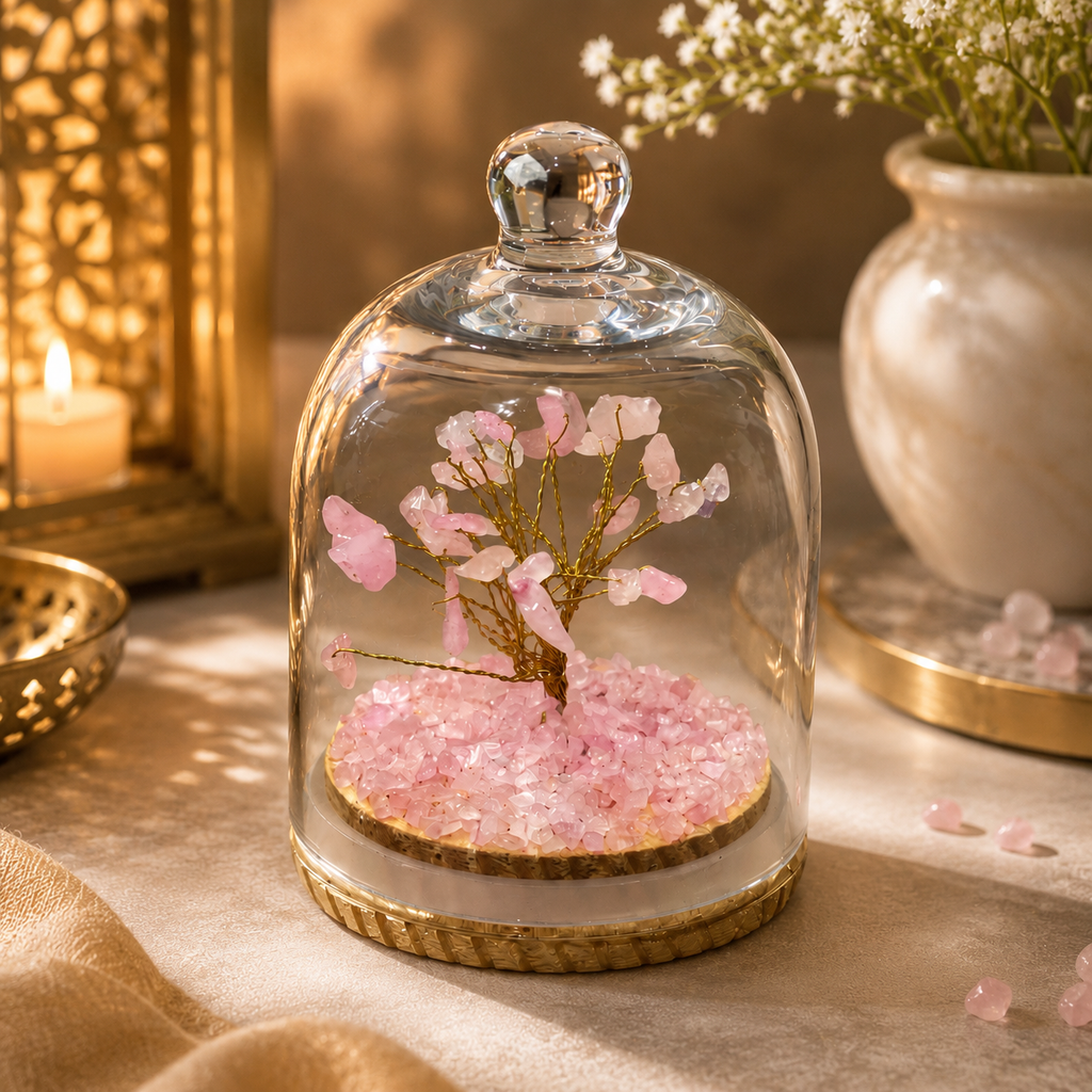 Rose Quartz Dome Tree – Premium Glass Dome Healing Bonsai for Home & Office Decor