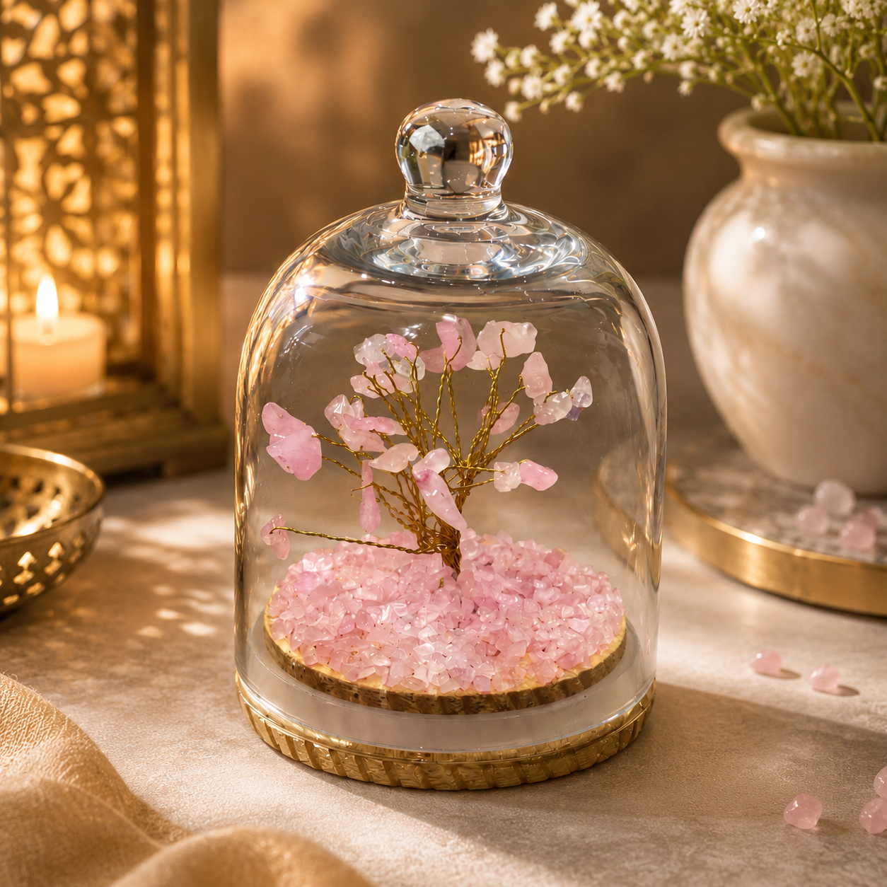 Rose Quartz Dome Tree – Premium Glass Dome Healing Bonsai for Home & Office Decor