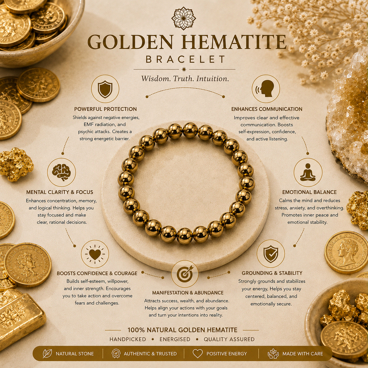 Golden Hematite Bracelet + Free Gangajal And Digital Naam Jap Counter
