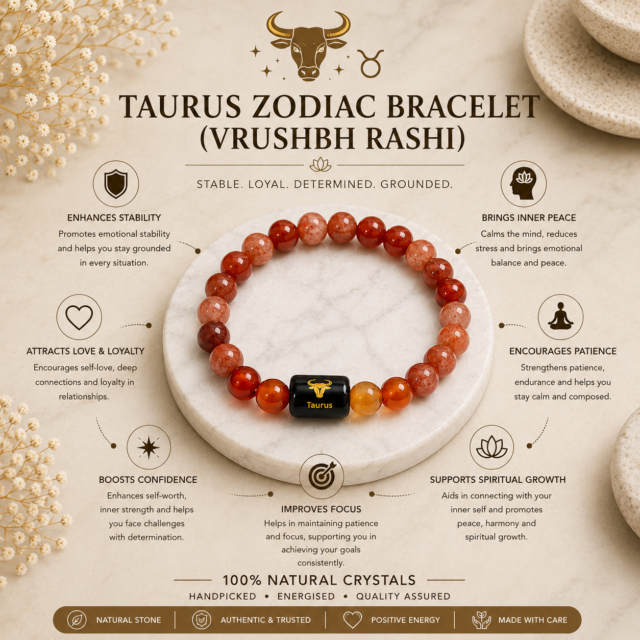 Taurus Zodiac Bracelet (वृषभ राशि) | Natural Carnelian & Sunstone Crystal Bracelet