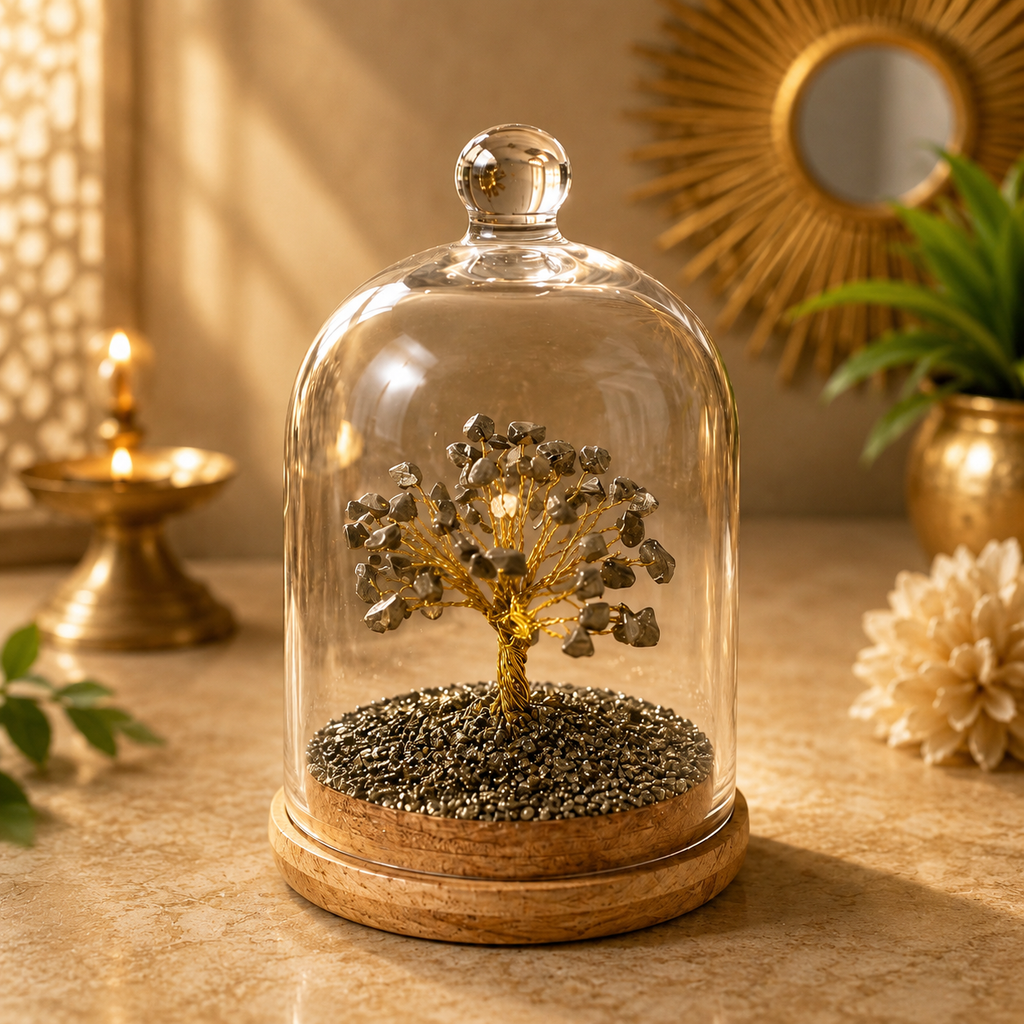 Raw Pyrite Dome Tree – Premium Glass Dome Healing Bonsai for Home & Office Decor