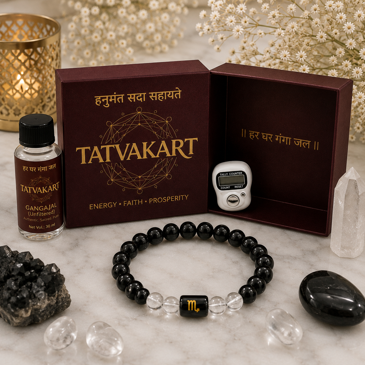 Scorpio Zodiac Bracelet (वृश्चिक राशि) with Natural Selenite Plate | Black Obsidian & Clear Quartz Bracelet