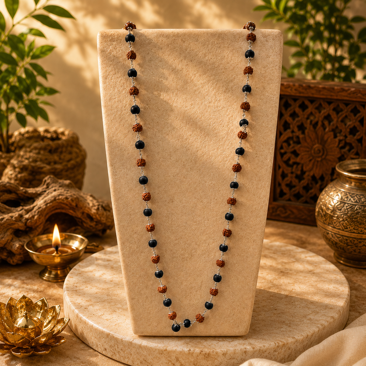 Silver Plated Karungali Rudraksha Mala| Natural Ebony Wood | Tatvakart